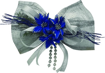 20cm Decorated Sinamay Bow - Silver/Blue