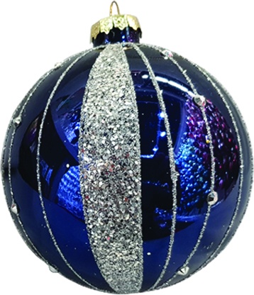 12cm Striped Glass Ball - Silver/Dark Blue
