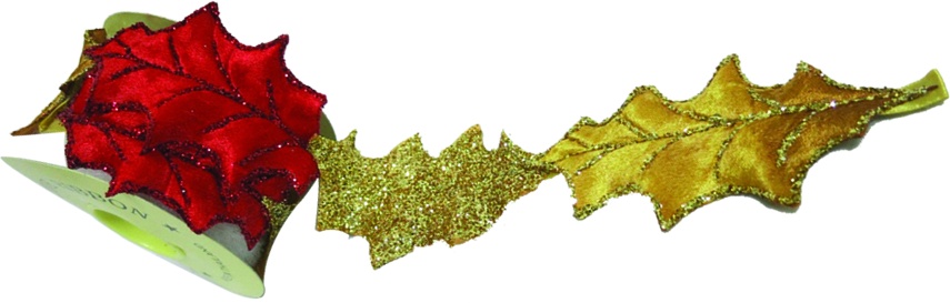 2.7m Velvet Holly-Shaped Ribbon Roll - Gold/Red