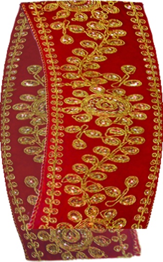 10m x 8cm Embroidered Ribbon - Red/Gold