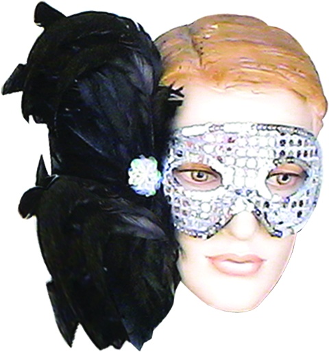 Sequined Feather Mask - Silver w/ Black Feather