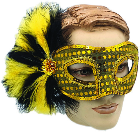 Gold Mask with Black and Yellow Feather