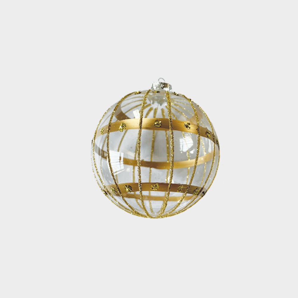 12cm Clear Glass Ball with Glitter Design - Gold
