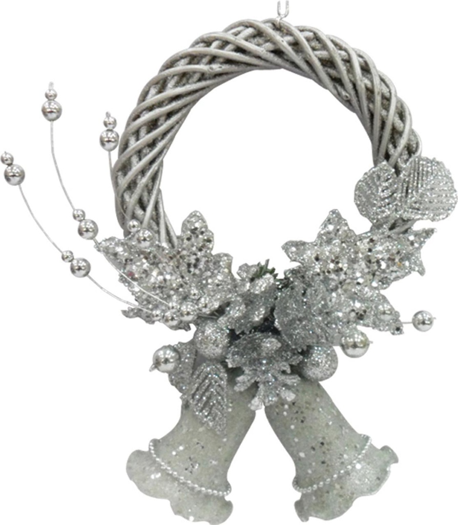 23cm Ornamental Wreath with Bells - Silver