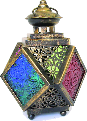 13cm x 13cm x 16cm Black-brushed Gold Lantern with Coloured Glass