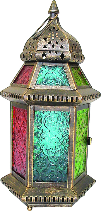 15cm x 13cm x 29cm Black-brushed Gold Lantern with Coloured Glass