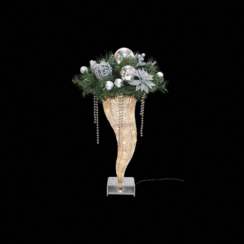 80cm Decorated Cone with Lights - Silver