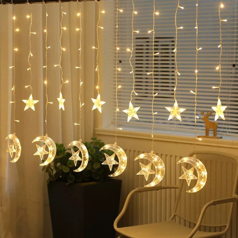 Illuminated Curtain with Crescent and Stars - 3mtrs. (6 star - 54cm drop size, 6 moon - 80cm drop size)