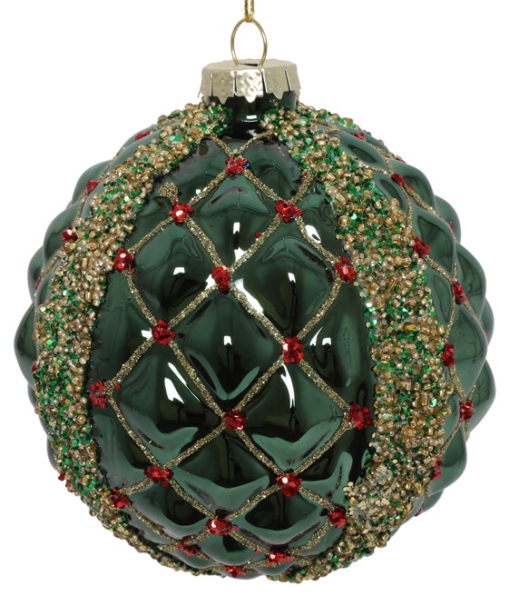 10cm Studded Glass Ball - Green/Gold/Red