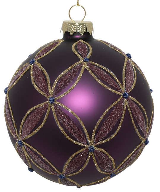 10cm Glittered Glass Ball - Purple/Gold