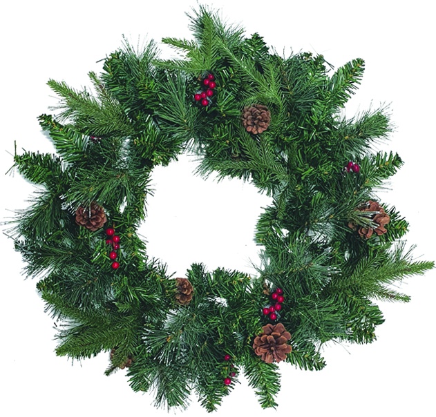 24" Wreath w/ Berries, Pine Cones and Glitter - Green