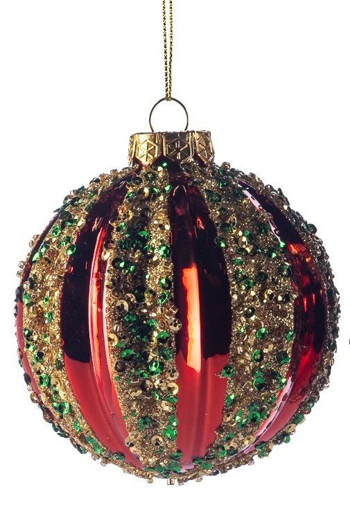 8cm Sequined Glass Ball - Red/Gold/Green