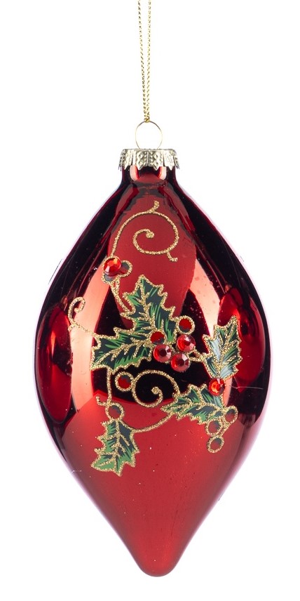15cm Holly Berry Glass Teardrop - Red/Green