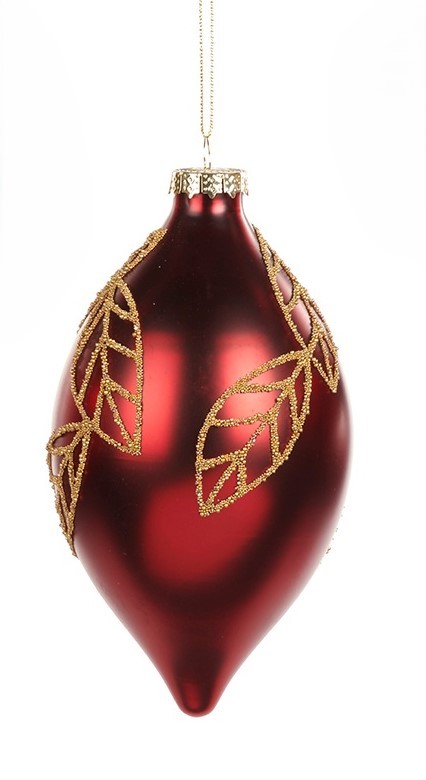 15cm Beaded Leaf Glass Teardrop - Red