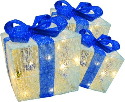 [OM047] 20cm, 25cm, 30cm Illuminated Gift Boxes w/ Bow and Lights - White w/ Blue Bow