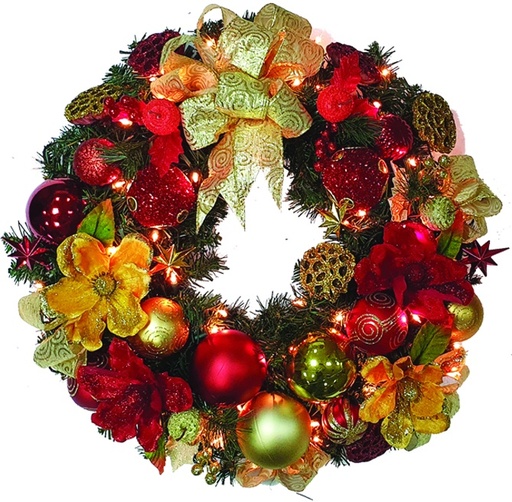 [REF117] 30" Decorated Wreath - Gold/Red