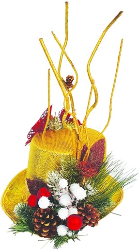 [REF135] 42cm Decorated Top Hat - Gold/Red