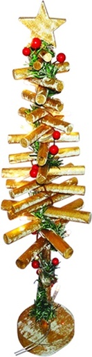[XQ031] 49cm Illuminated Log Tree w/ Berries - Gold/Green/Red