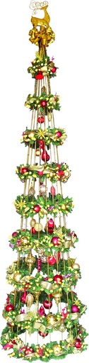 [REF032] 12ft Decorated Metal Cone Tree with Lights and Garland - Gold/Red