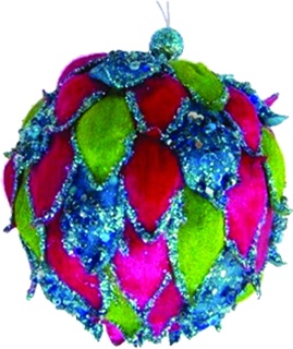 [F14888] 9.5cm Fabric Ball w/ Leaves - Turquoise/Pink/Green
