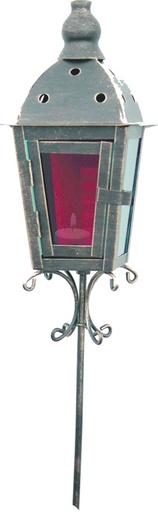 [13326] 25cm x 10cm x 10cm Brushed Lantern w/ Stick and Coloured Glass