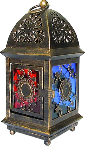 [19235] 20.5cm x 9.5cm x 9.5cm Brushed Lantern w/ Coloured Glass