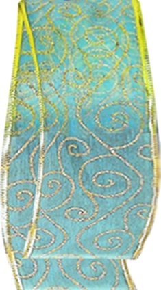 [DH010] 9.1m x 6.5cm Glittered Organza Ribbon - Light Blue/Gold