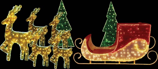 [GV015] 6m & 2m Light-Up 3D Sleigh with 2D Reindeers, Warm White LED