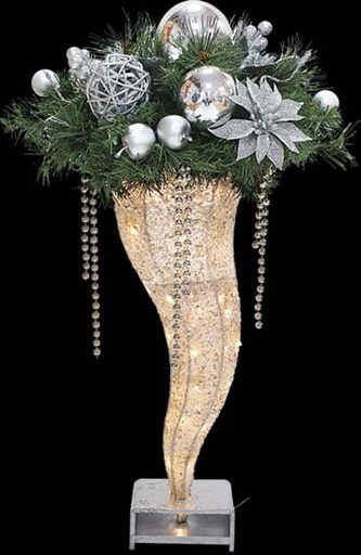 [REF106] 60cm Illuminated Decorated Cone - Silver/Green
