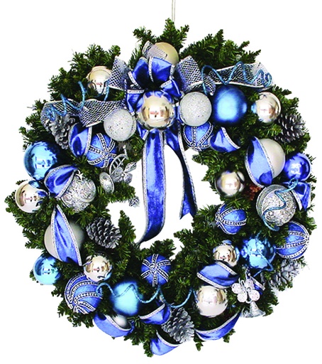 [YZ611Q302-30-SB] 30" Decorated Wreath - Silver/Blue