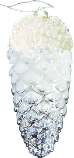 [HH177] 17cm Glittered Pinecone - Silver/White