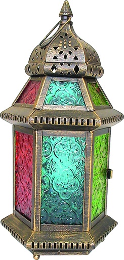 [13910] 15cm x 13cm x 29cm Black-brushed Gold Lantern with Coloured Glass