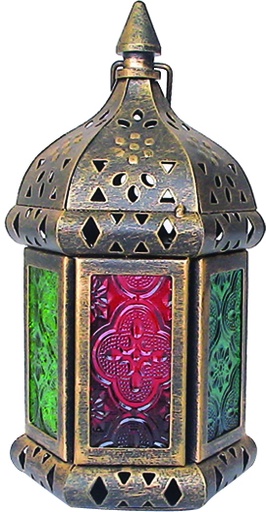 [16349] 9.8cm x 8.2cm x 17cm Black-brushed Gold Lantern with Coloured Glass