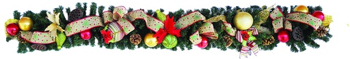 [REF025] 9'x10" Green Garland Decorated Green, Gold & Red