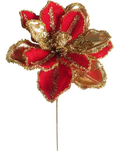[HQ012-GDR] 20cm Sequined Magnolia - Gold/Red
