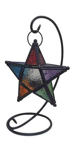 [ZJ007] 33cm Brushed Star Lantern with Coloured Glass and Stand