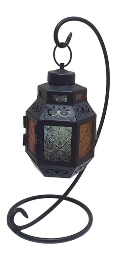 [ZJ008] 33cm Brushed Lantern with Coloured Glass with Stand