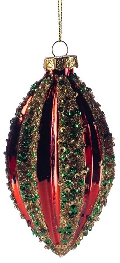 [GW018-B] 12cm Sequined Glass Teardrop - Red/Gold/Green