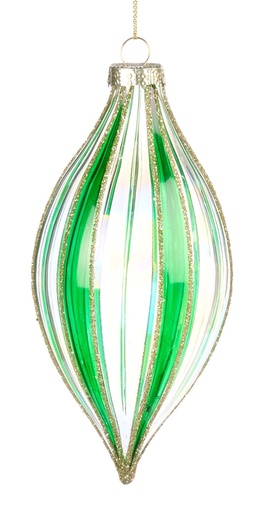 [GW019-A] 13cm Glittered Stripe Glass Teardrop - Green/Gold